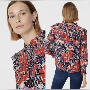 J. Crew Smocked Popover Top Lurex Dot Floral Size Large